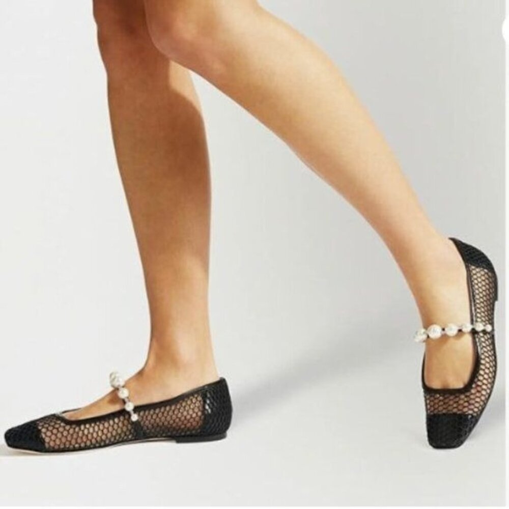 FOWT Women Square Toe Slip on Flats Pearl Studded Strap Elegant Pumps Black